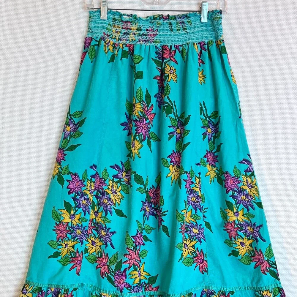 Boho Floral Maxi Skirt S Smocked Waist Tiered Hem Festival‎ Hippie Derek Heart